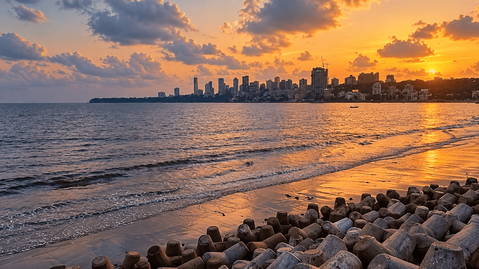 Golden sunset over the bay and city skyline