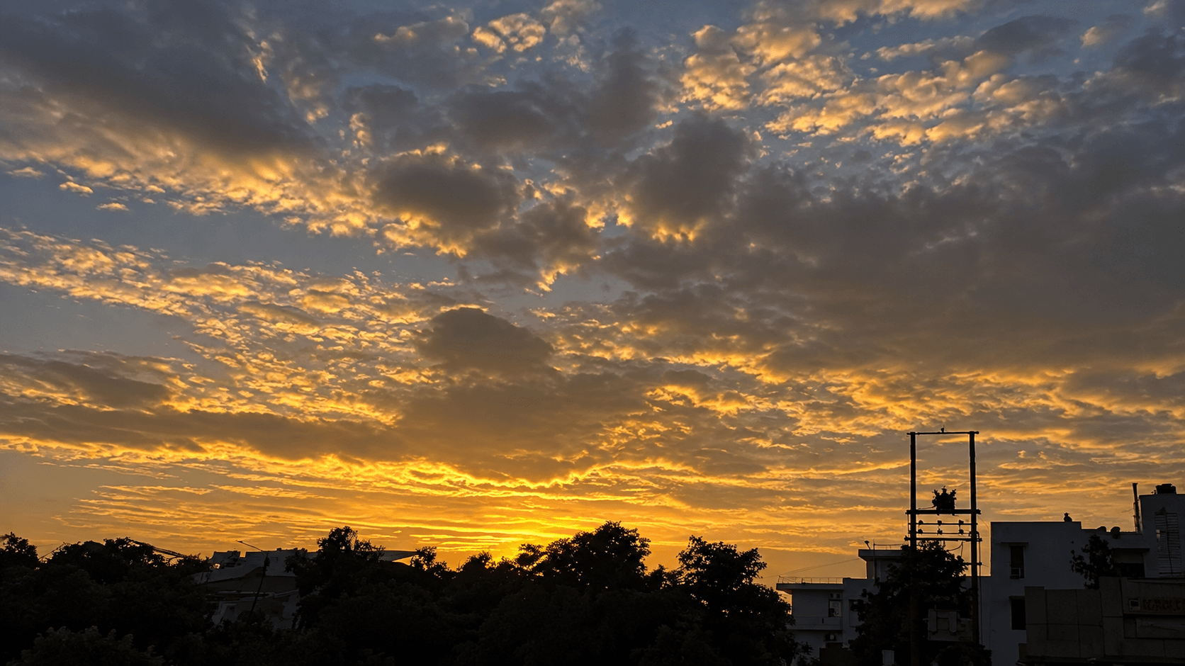 Golden clouds above rooftops and trees